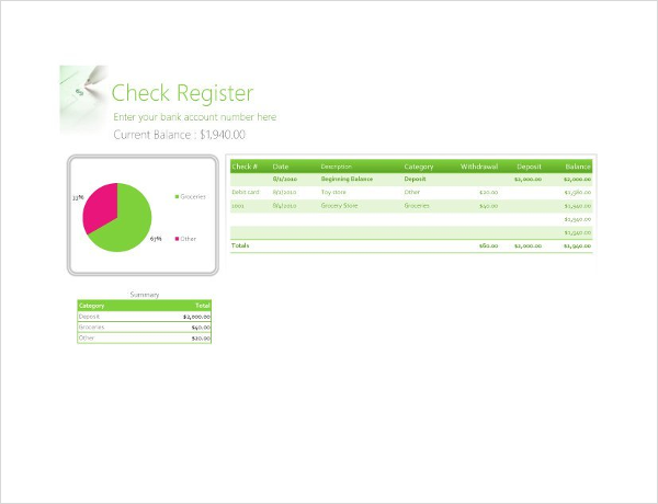 Check Register Excel Chart Template