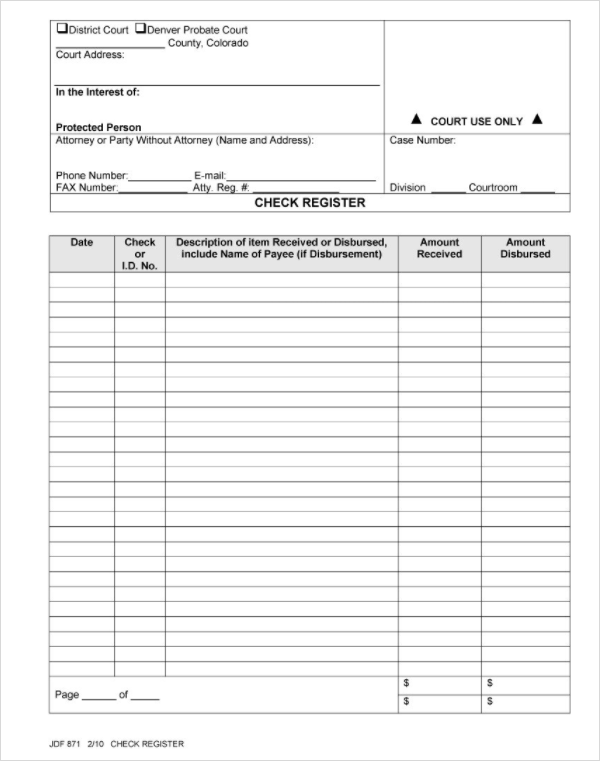 Check Register Form Template