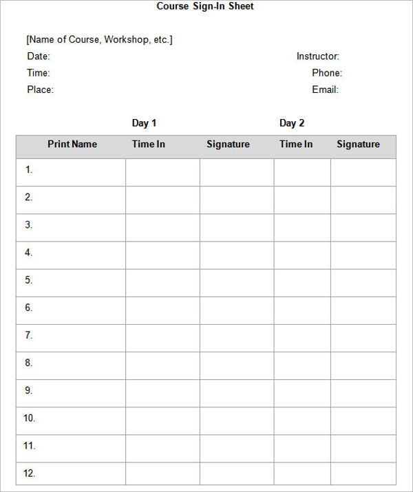 Course Training Sign In Sheet TemplateÂ 