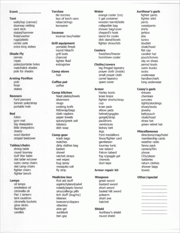 Editable Packing List Template