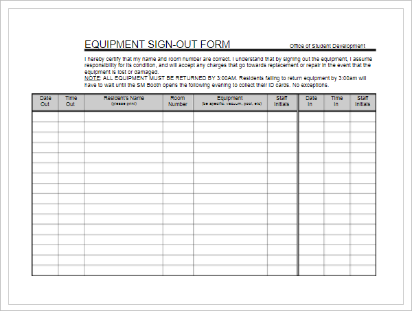 EquipmentÂ  Sign in Sheet Format
