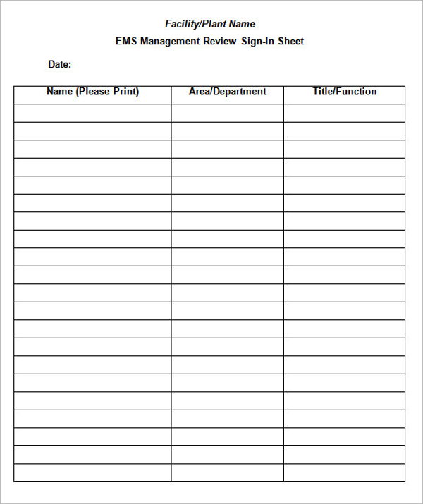 Facility Training Sign In Sheet TemplateÂ 