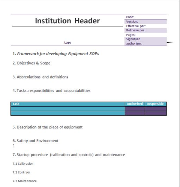 Institution Standard Operating Procedure