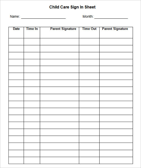 Kids Sign In Sheet Template