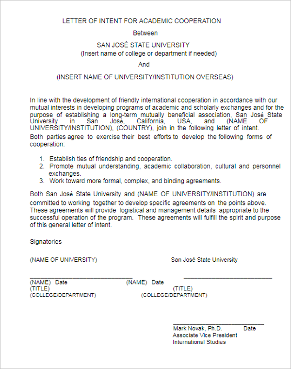 Letter of Intent for Academic Cooperation