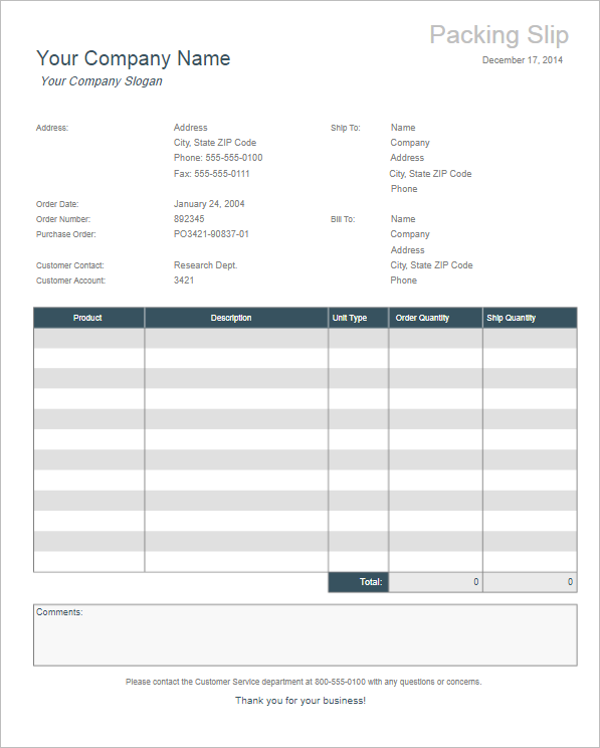 Packing Slip Invoice Template