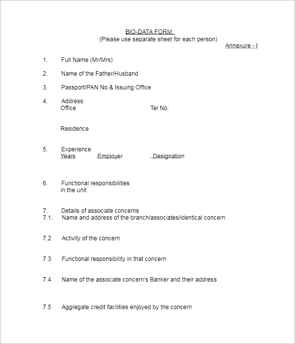 Simple Biodata Form Template