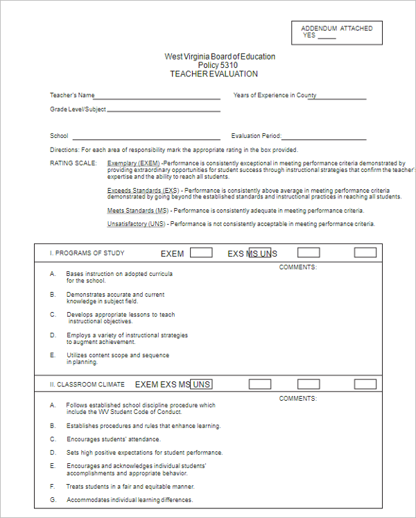 Teacher Performance Evaluation Form Doc