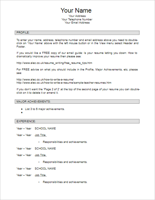 Teacher Resume FormatÂ 