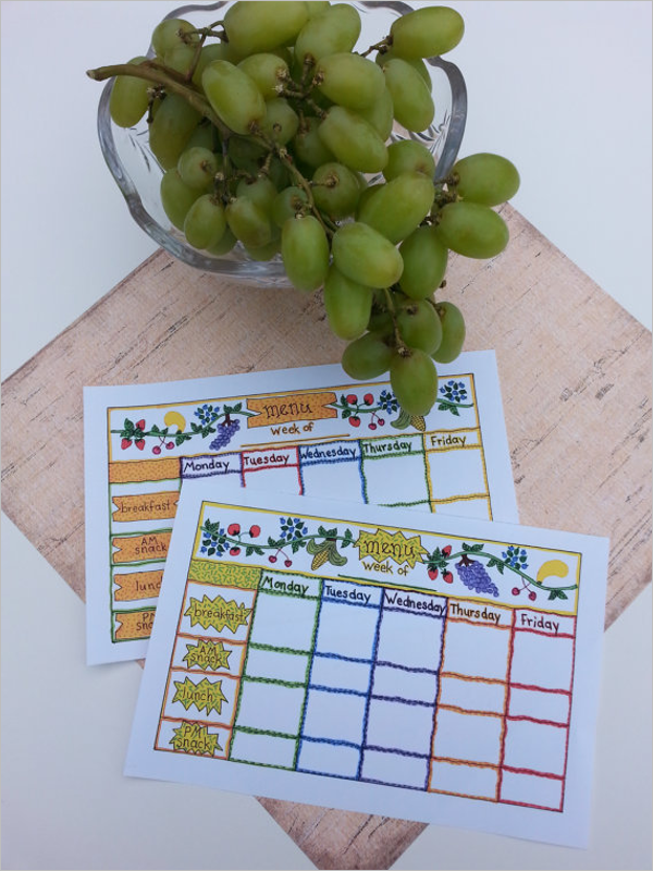 Child Care Weekly Menu Template