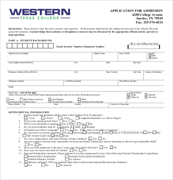 application for admission