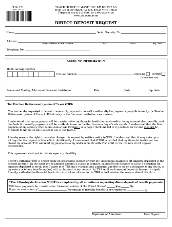 Direct Deposit Request Form Template