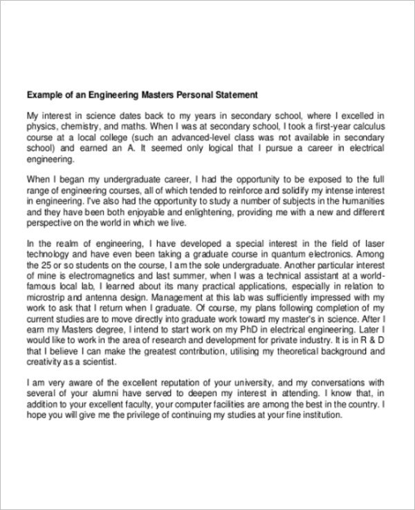 Engineering Graduate Personal Statement Example