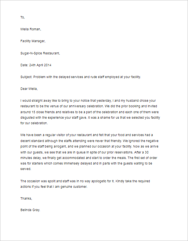 Letter of Complaint to management