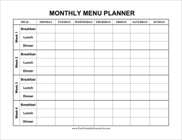 Monthly Menu Template Excel