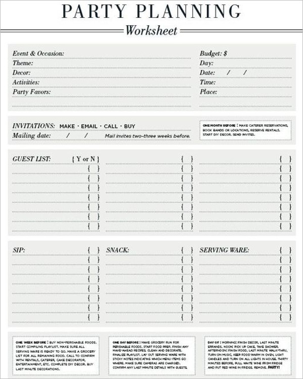 Party Planning Worksheet Template