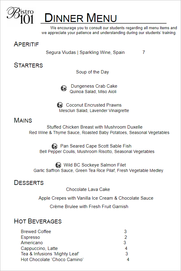 Dinner Menu Template PDF