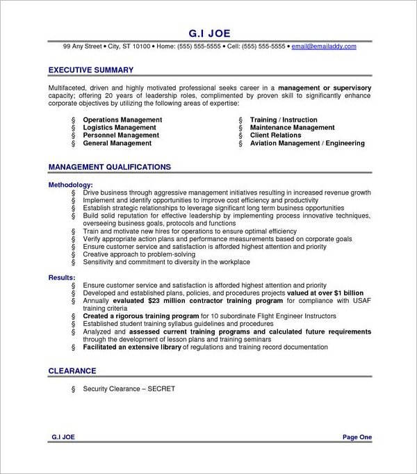 Executive Summary Example for Resume