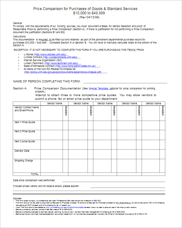 Vendor Cost Comparison Template