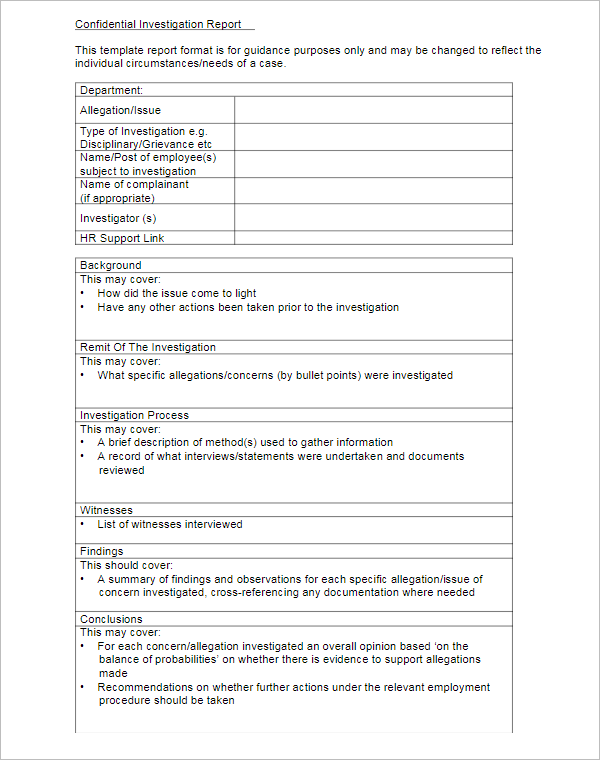 Investigation Report Form Template