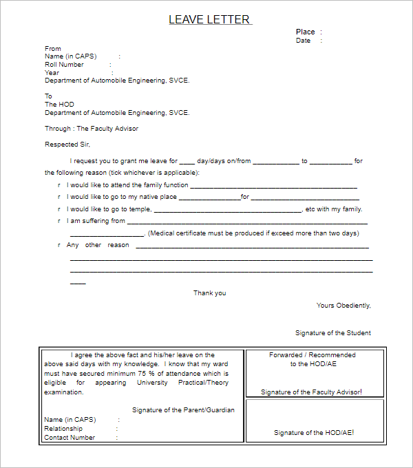 Leave Letter Template For Manager