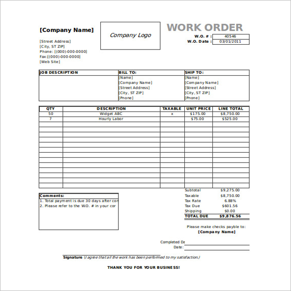 24 work order templates free word pdf excel doc formats