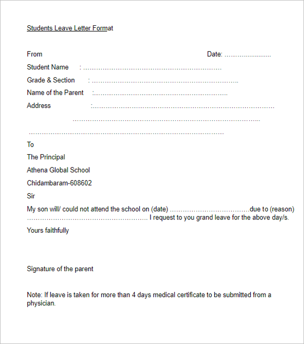 School Leave Letter Template