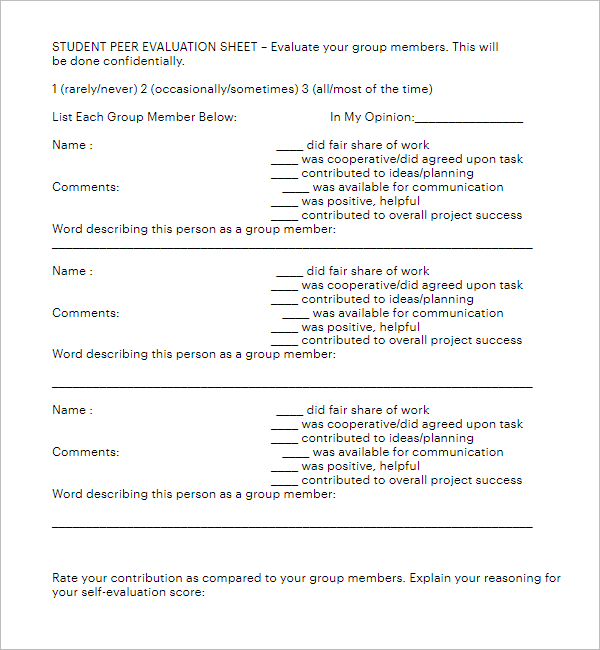 Student Peer Evaluation Form