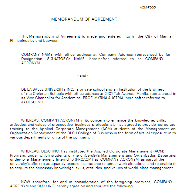 Agreement Memorandum Template