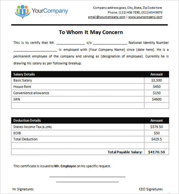 Employee Salary Certificate Design
