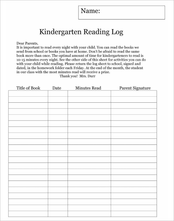 Kindergarten Reading Log Template