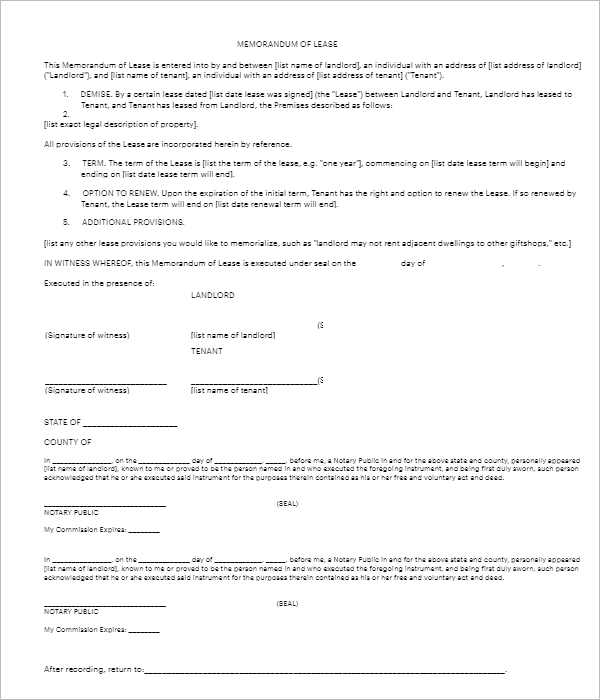 Lease Memorandum Template
