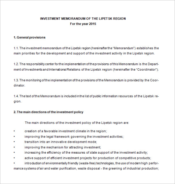 investment memoranda investment memoranda