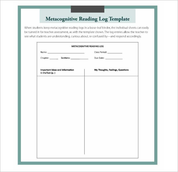 Metacognitive Reading Log Template