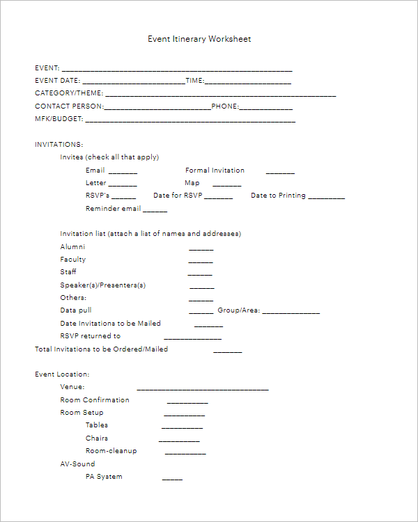 Blank Event Itinerary Worksheet Template