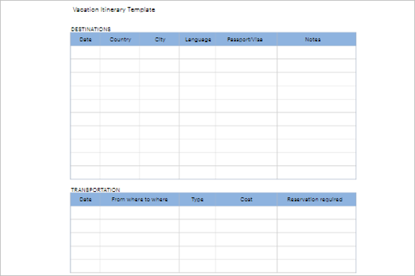 Blank Vacation Itinerary Template