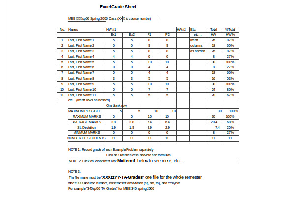 Grade Calculator Sheet Template