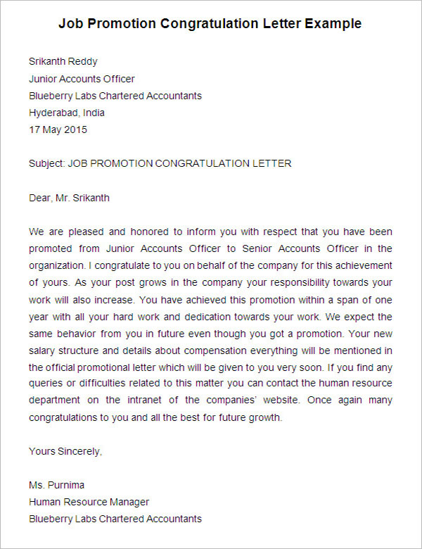 Job Promotion Congratulation Letter Example