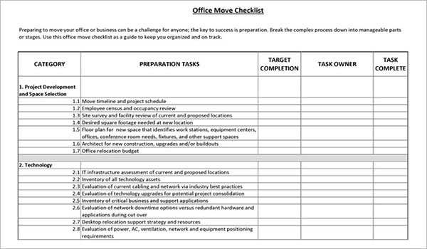 Moving Office Checklist Template