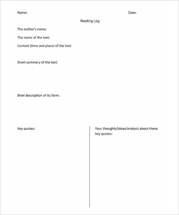 PDF Reading Log Template Download