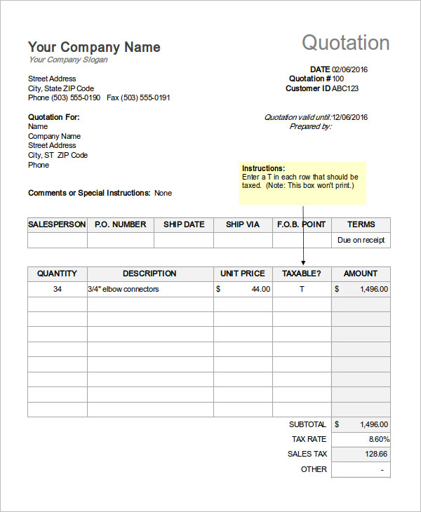 Price Quotation Template XLS