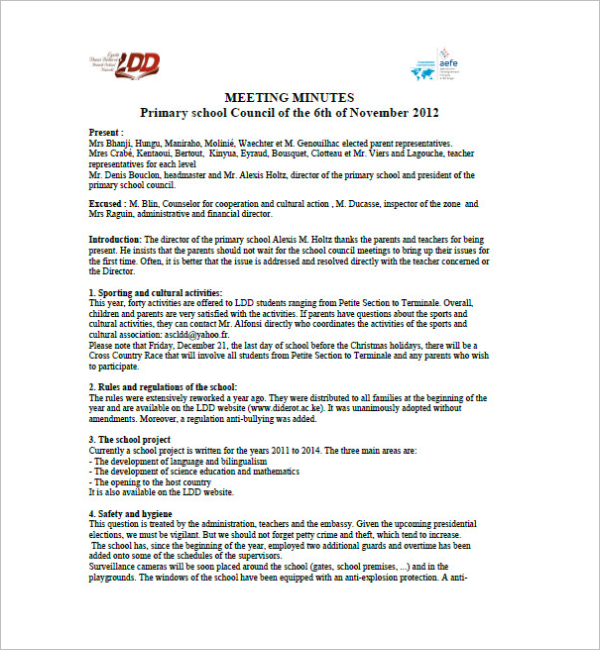 Primary School Meeting Minutes Format