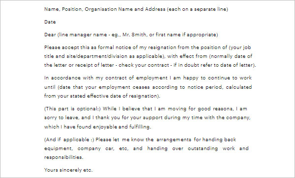 Resignation Letter With Notice Period Template