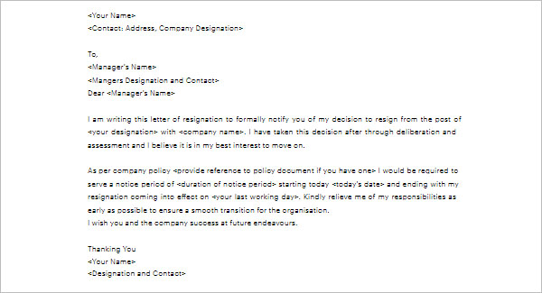 Resignation Notice Letter Template
