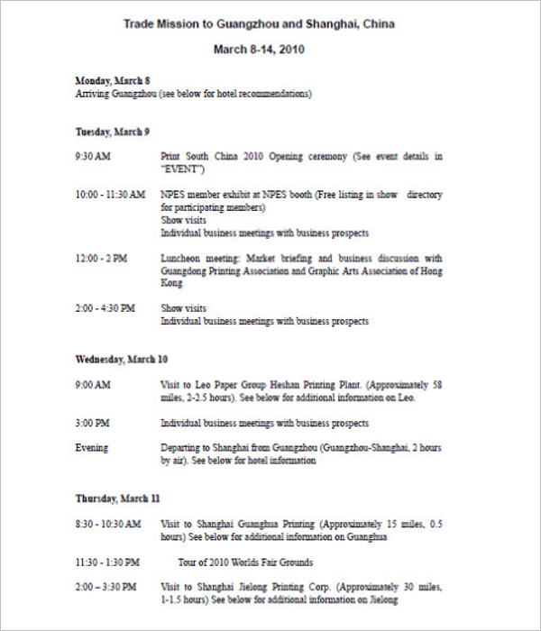 Sample Trip Agenda Template
