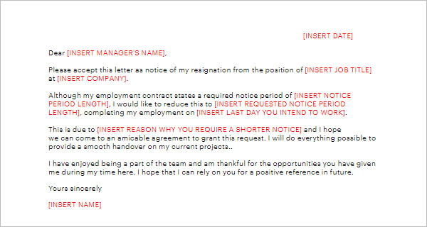 Shorten Notice Period Letter Template