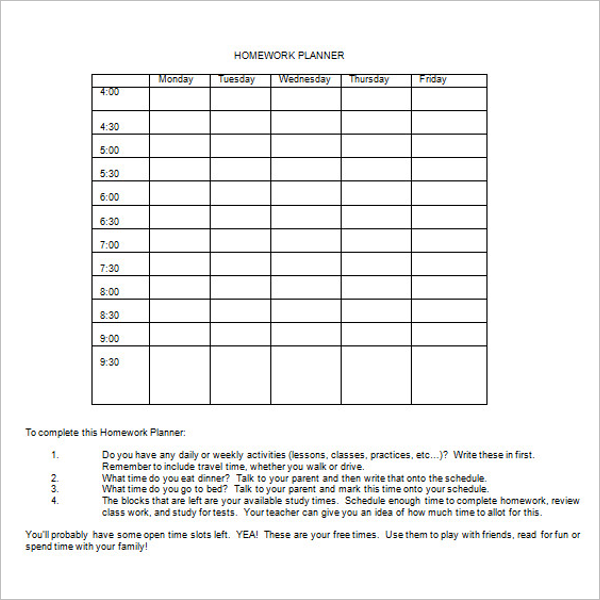 Student Homework Agenda Template