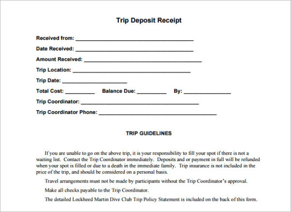 Trip Deposit Receipt Template