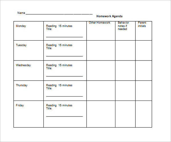 Weekly Homework Calendar Template