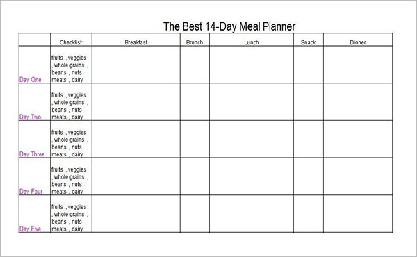 14 Days Meal Planning Template